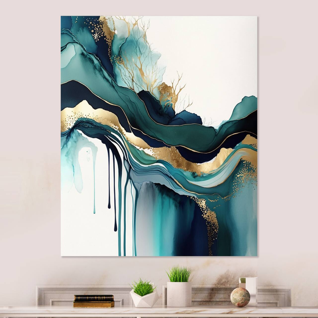 Designart 'Teal And Gold Abstract Expression IV' Modern Canvas Wall Art